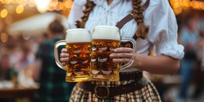 waiter girl carries glasses of Oktoberfest beer photo