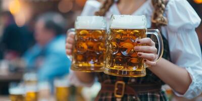 waiter girl carries glasses of Oktoberfest beer photo