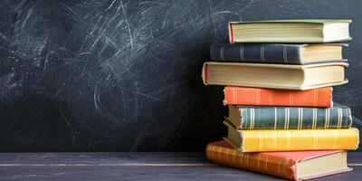 a stack of books on the background of a school board photo