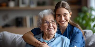 nurse hugging a patient in a nursing home photo