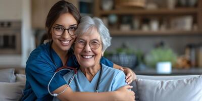 nurse hugging a patient in a nursing home photo