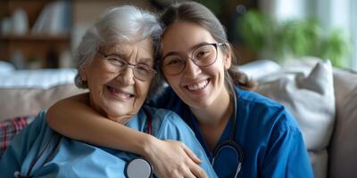 nurse hugging a patient in a nursing home photo