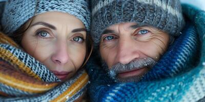 close-up portrait of a couple freezing from the cold in a hat and scarves photo