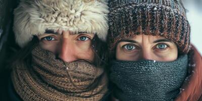 close-up portrait of a couple freezing from the cold in a hat and scarves photo