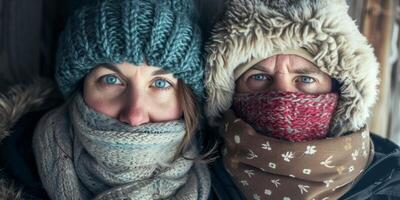 de cerca retrato de un Pareja congelación desde el frío en un sombrero y bufandas foto