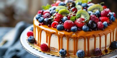 cake with caramel and berries photo