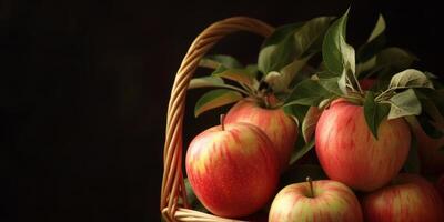 manzanas en una cesta en una mesa de madera foto