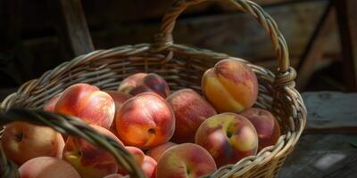 ripe peaches in a basket photo