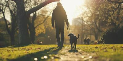 man walking his dog in the park photo