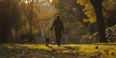 man walking his dog in the park photo