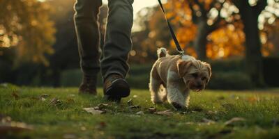 man walking his dog in the park photo