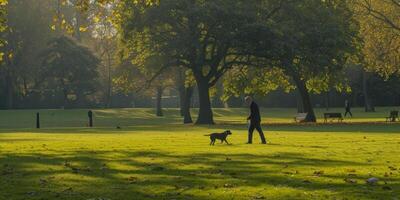 man walking his dog in the park photo