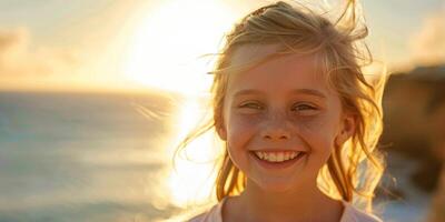 child girl against the background of the sea portrait photo