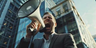 businessman shouting into the gramophone photo