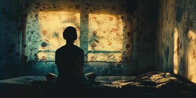 Deprimido niña silueta en contra ventana antecedentes foto