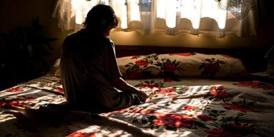 depressed girl silhouette against window background photo