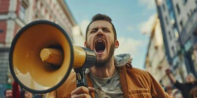 man with loudspeaker demonstration picket photo