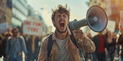 man with loudspeaker demonstration picket photo