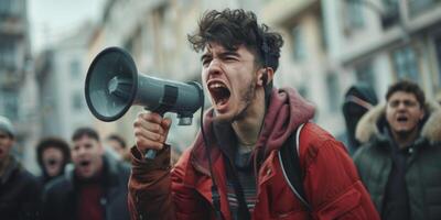 man with loudspeaker demonstration picket photo