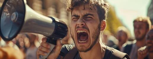 man with loudspeaker demonstration picket photo