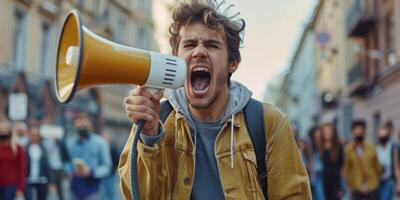 man with loudspeaker demonstration picket photo