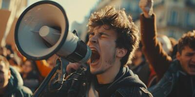 man with loudspeaker demonstration picket photo