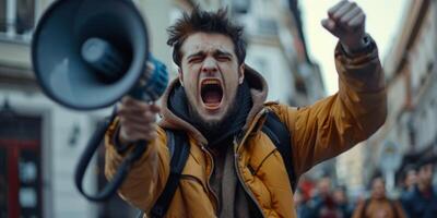 man with loudspeaker demonstration picket photo