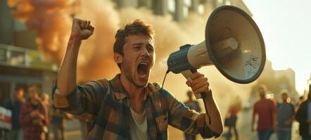 man with loudspeaker demonstration picket photo