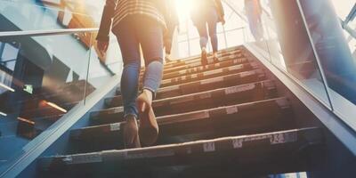 people climb the steps in the business center photo