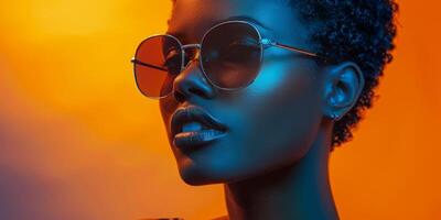 model in sunglasses on blue and yellow background Fashion photo