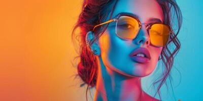 model in sunglasses on blue and yellow background Fashion photo