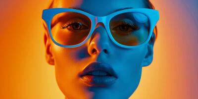 model in sunglasses on blue and yellow background Fashion photo