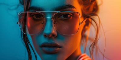 model in sunglasses on blue and yellow background Fashion photo