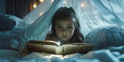 child reading a book to himself in bed with a flashlight photo