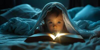 niño leyendo un libro a él mismo en cama con un Linterna foto