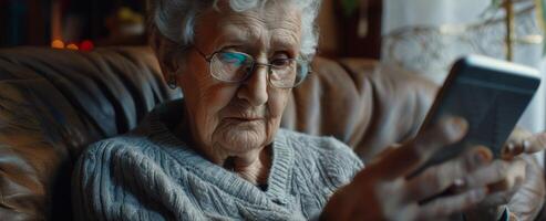 elderly woman looking at smartphone photo