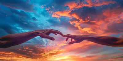 two hands reach out to each other against the backdrop of sunset photo