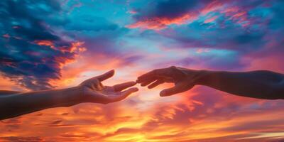 two hands reach out to each other against the backdrop of sunset photo