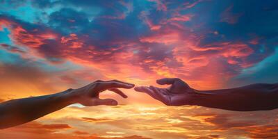 dos manos alcanzar fuera a cada otro en contra el fondo de puesta de sol foto