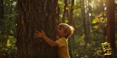 niño abrazos un árbol salvar el planeta concepto foto