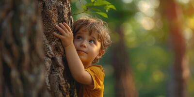 niño abrazos un árbol salvar el planeta concepto foto