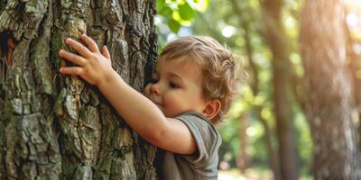 niño abrazos un árbol salvar el planeta concepto foto