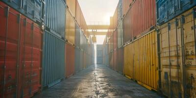 Stacked cargo containers in a warehouse photo