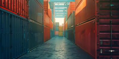 Stacked cargo containers in a warehouse photo