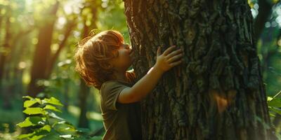 child hugs a tree save the planet concept photo