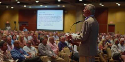 speaking in the hall in front of an audience on the podium photo