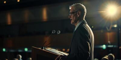 speaking in the hall in front of an audience on the podium photo