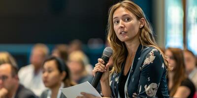 speaking with a microphone in front of an audience photo