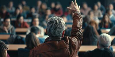 listener in the audience asks to speak by raising his hand photo