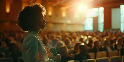 speaking with a microphone in front of an audience photo